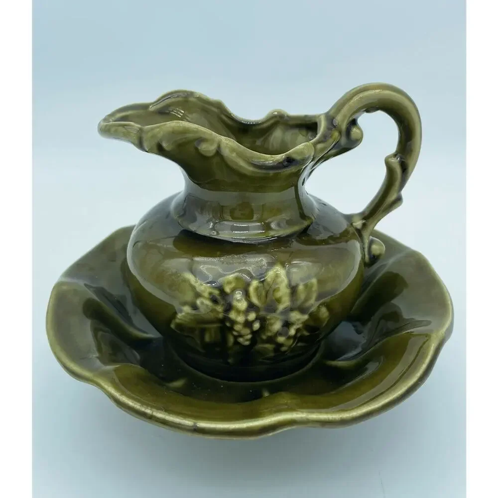 Vintage McCoy Pottery Avocado Green Pitcher Bowl Basin Set
